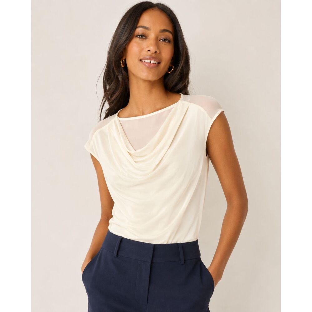 🤍 Ann Taylor Cream Draped Neck Blouse Size M
